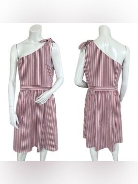 Loft Red White Grey Striped One Shoulder Fit and Flare Knee Length Dress Size 8